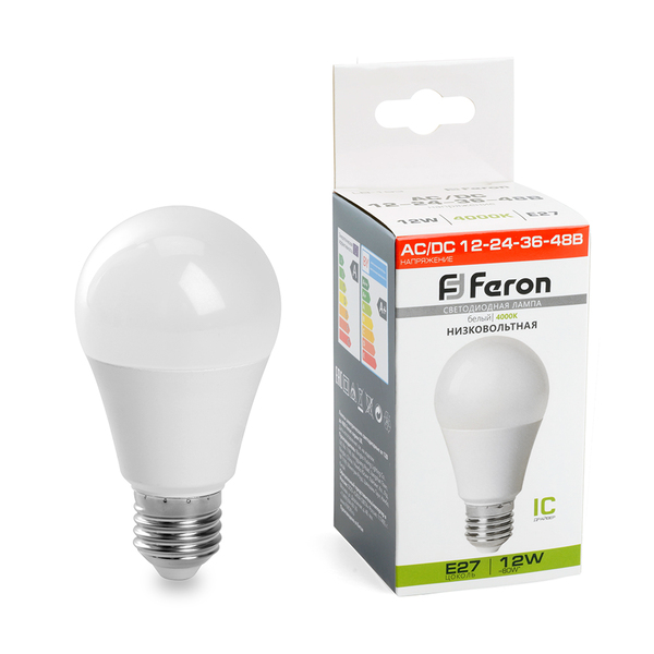 Лампа светодиодная FERON LB-193, A60 (шар), 12W 12-48V E27 4000К (белый), рассеиватель матовый белый, 1100Lm, угол рассеивания 220°, 110*60мм