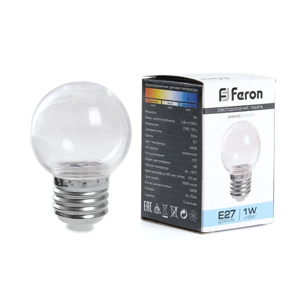 Лампа светодиодная FERON LB-371, G60 (шар), 3W 230V E27 2700К (белый теплый), рассеиватель прозрачный белый, 240Lm, угол рассеивания 220°, 84*60мм