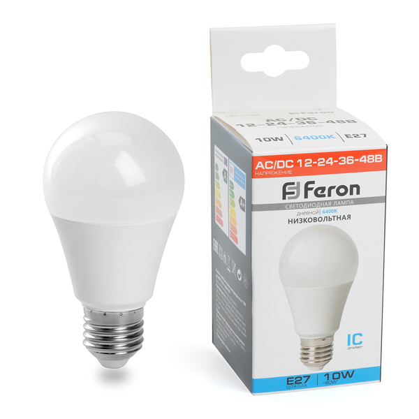 Лампа светодиодная FERON LB-192, A60 (шар), 10W 12-48V E27 6400К (белый), рассеиватель матовый белый, 800Lm, угол рассеивания 220°, 110*60мм