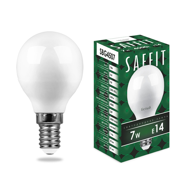 Лампа светодиодная SAFFIT SBG4507, G45 (шар), 7W 230V E14 4000К (белый), рассеиватель матовый белый, 560Lm, угол рассеивания 220°, 80*45мм