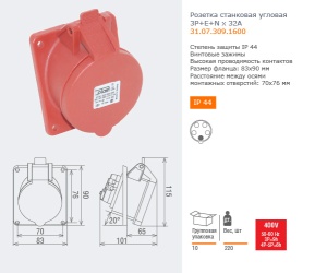 Розетка наклонная скрытая 3P+E 4x32 380-415V 31.27.309.1600