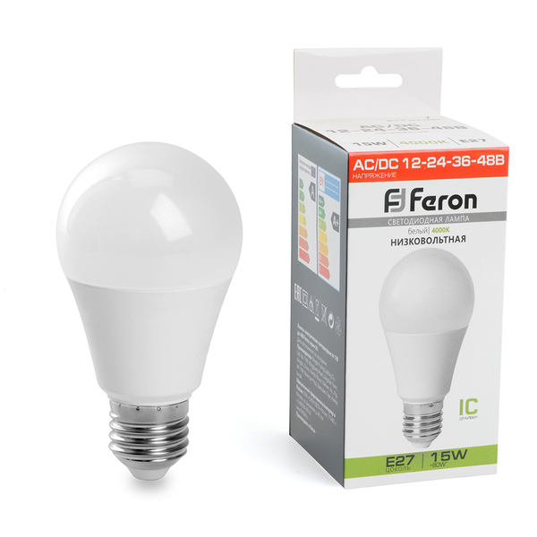 Лампа светодиодная FERON LB-194, A60 (шар), 15W 12-48V E27 4000К (белый), рассеиватель матовый белый, 1350Lm, угол рассеивания 220°, 125*60мм